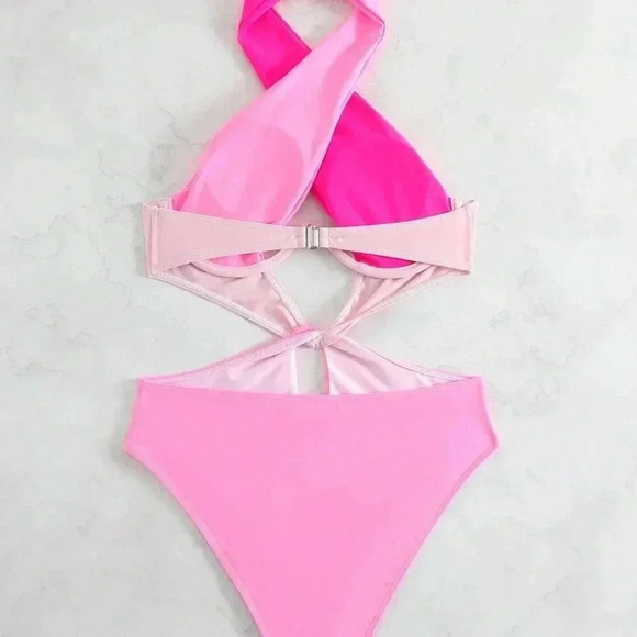 Pink Sexy Women's Beach Colorblock Cut-Out Halter One Piece Swimsuit - Picture 4 of 7